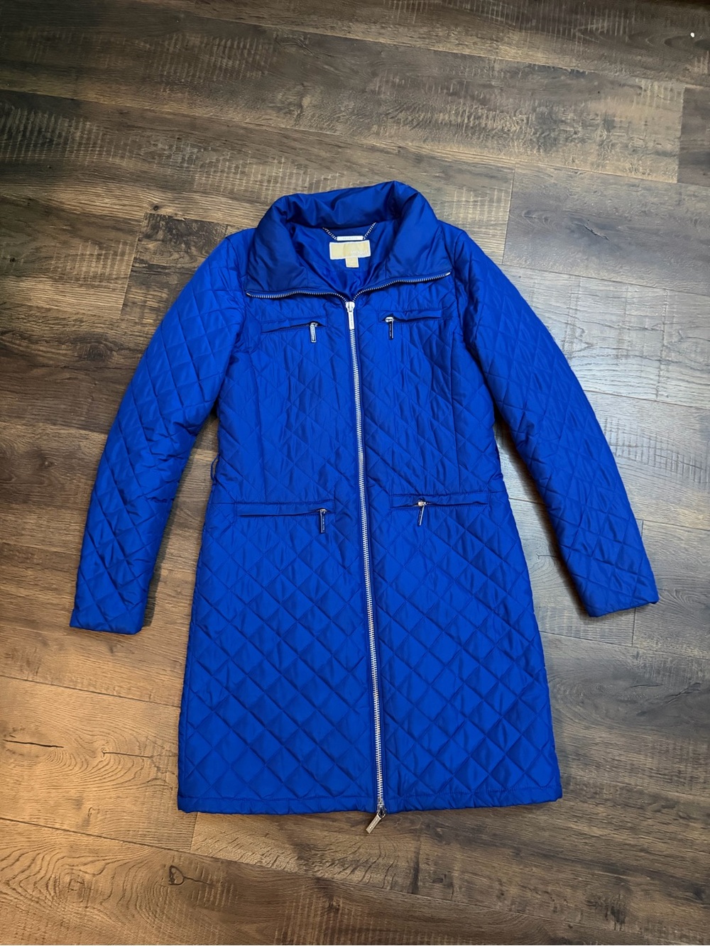 MICHAEL Michael Kors Womens M Blue Quilted Long Coat Full Zip 4 Pocket Jacket